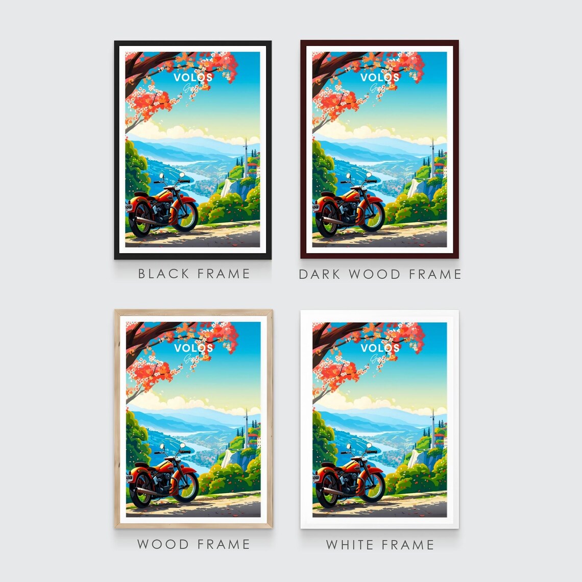 Volos Greece Vintage Motorcycle Coastal View Travel Art Poster - Image 3