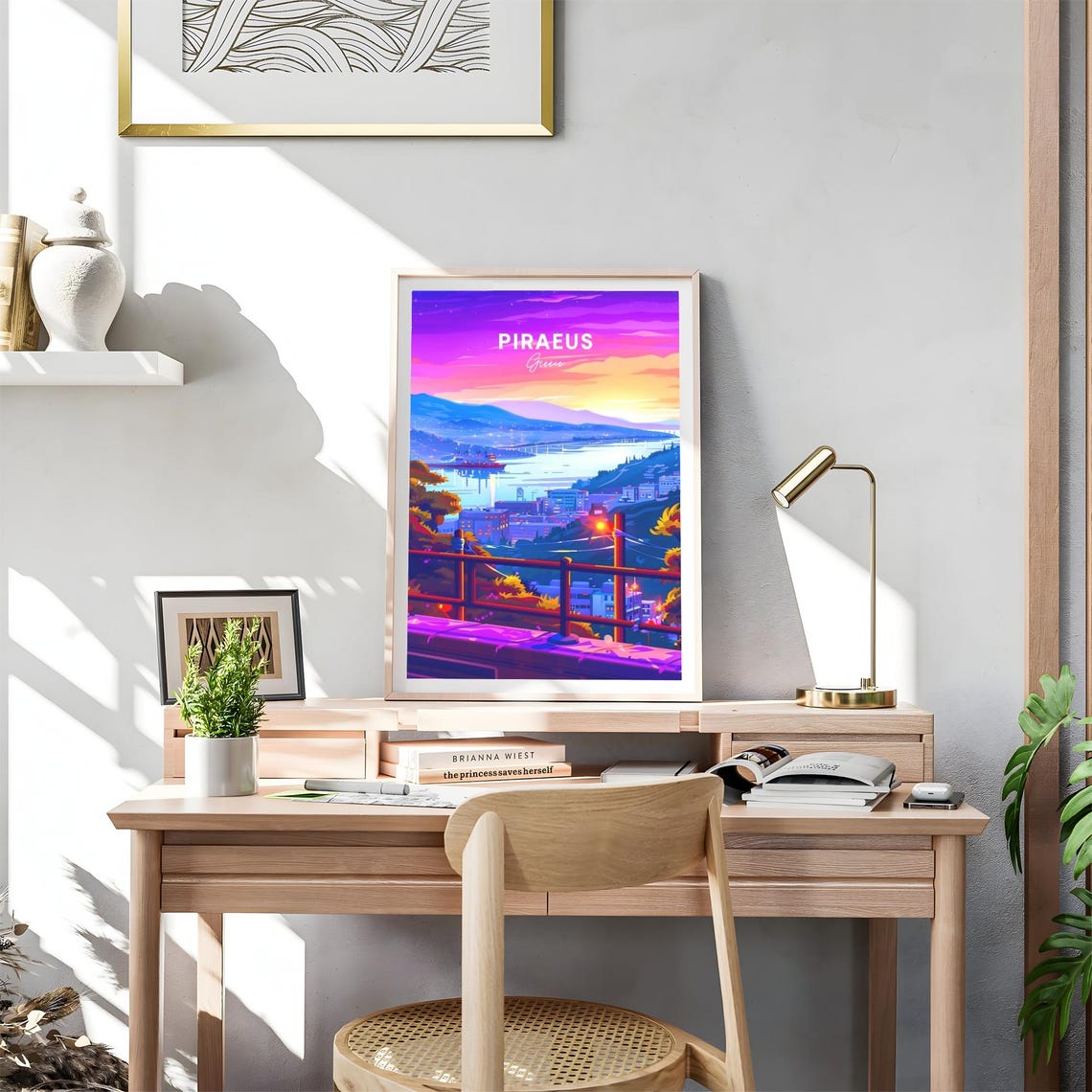 Piraeus Greece Sunset Harbor Panorama Neon Night Glow Travel Poster - Image 4