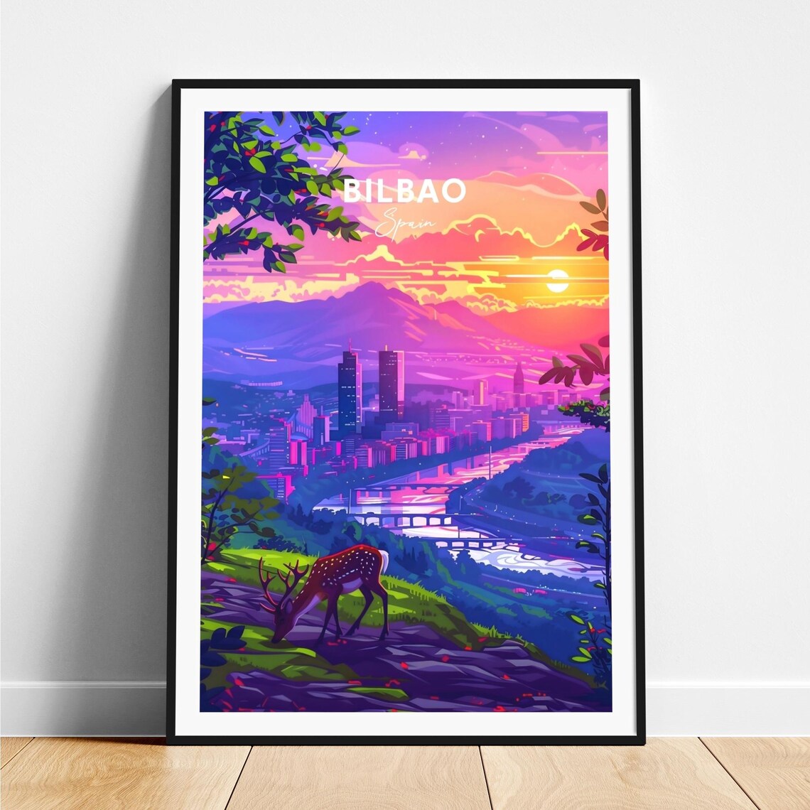 Bilbao Sunset City Skyline Hill Deer River Valley Travel Poster