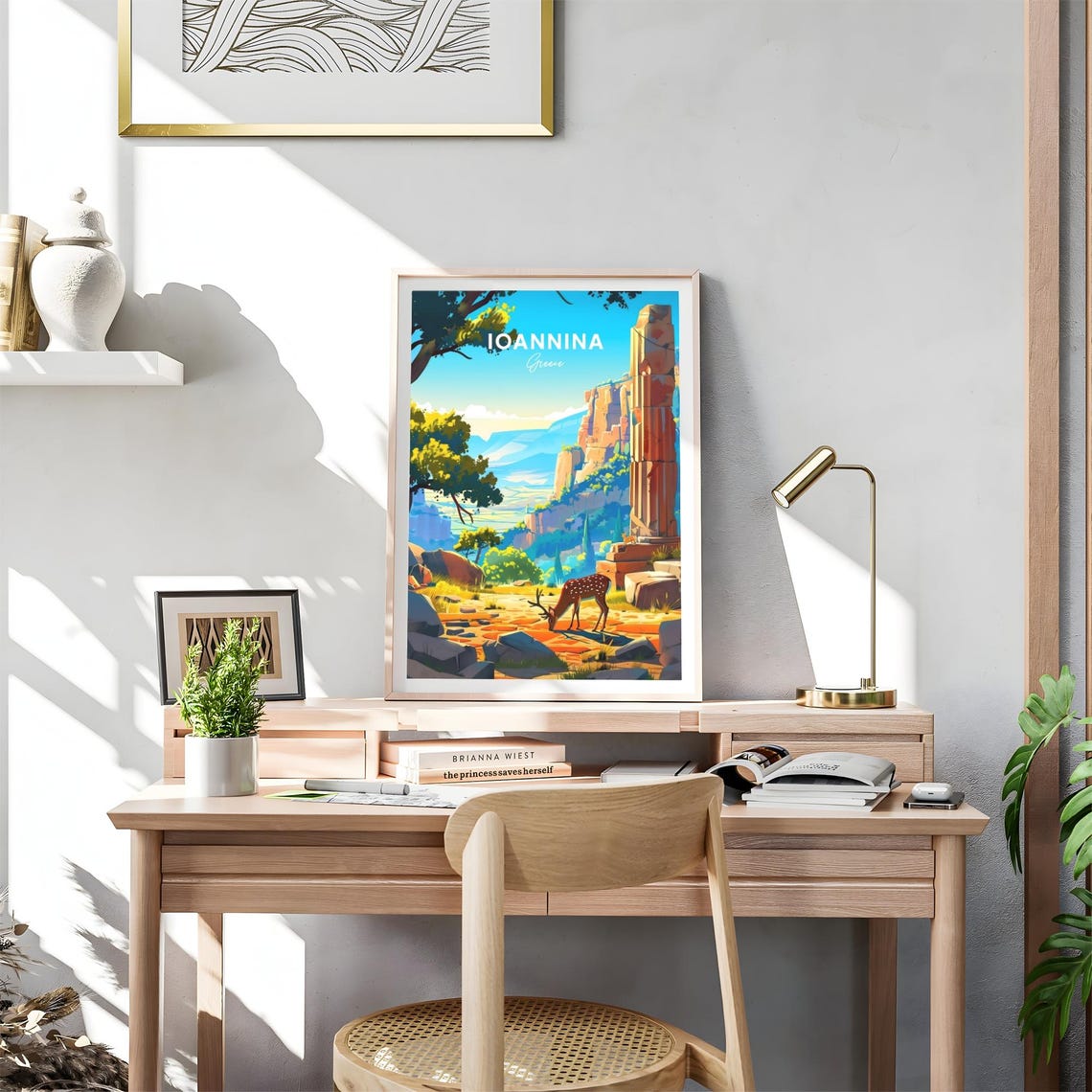 Ioannina Greece Deer Drinking by Ancient Column in Rocky Valley Poster - Image 4