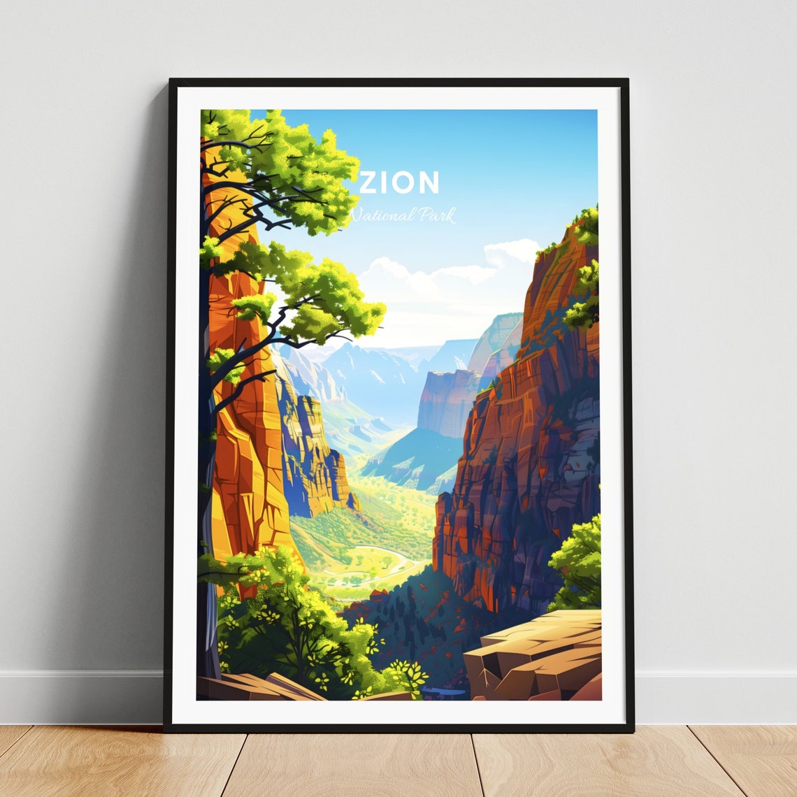 Zion National Park Canyon Framed by a Green Juniper Tree Poster