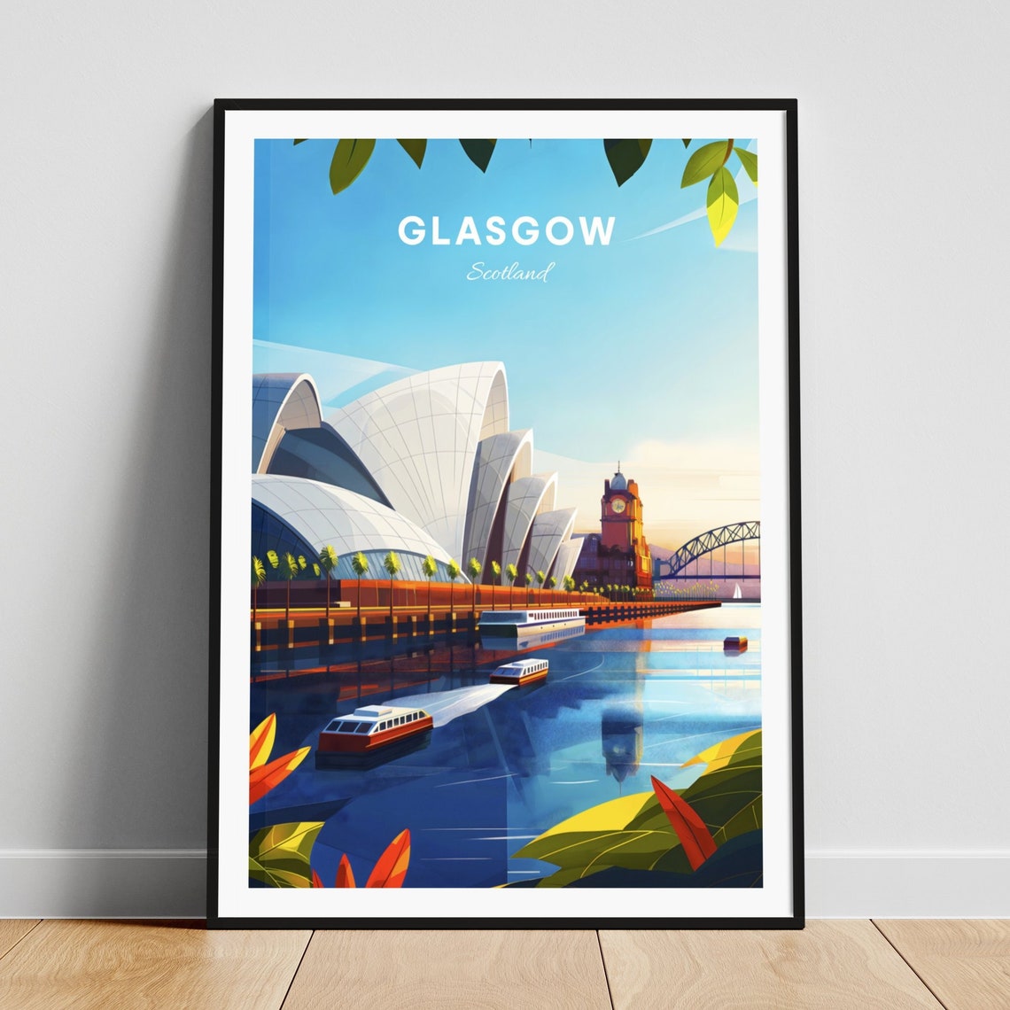 Glasgow Scotland Modern Waterfront Arched Building Travel Poster