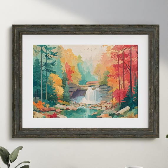 Brandywine Falls Autumn Watercolor Cozy Ohio Fall Forest Scene With Covered Bridge Maple Tree Golden Leaves Serene Nature Canvas Print
