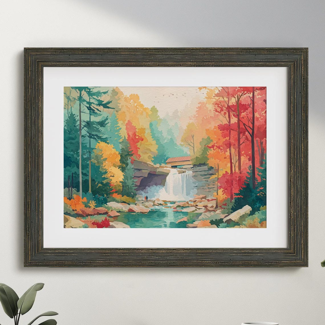 Brandywine Falls Autumn Watercolor Cozy Ohio Fall Forest Scene With Covered Bridge Maple Tree Golden Leaves Serene Nature Canvas Print