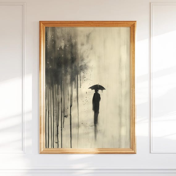 Rainy Figure Art Abstract Ink Wall Print Zen Minimalist Poster Emotional Rain Scene Calm Decor Quiet Moment Artwork