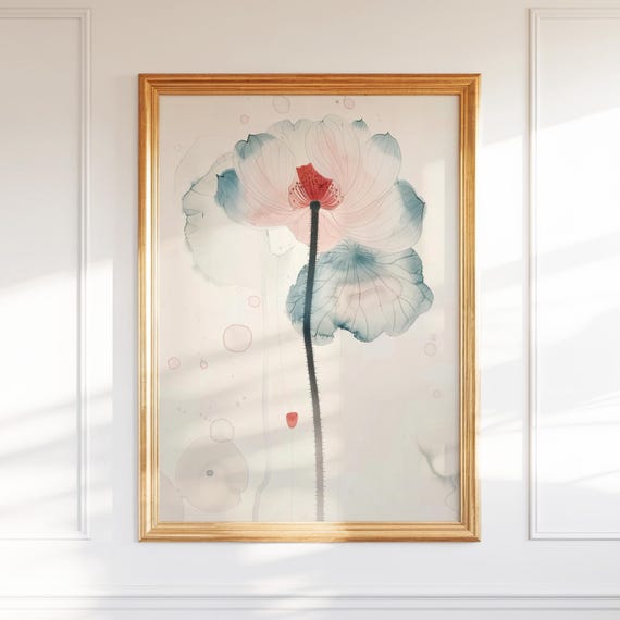 Delicate Flower Wall Art Pink And Teal Watercolor Botanical Print Minimalist Floral Zen Decor Artwork Gift Ideas