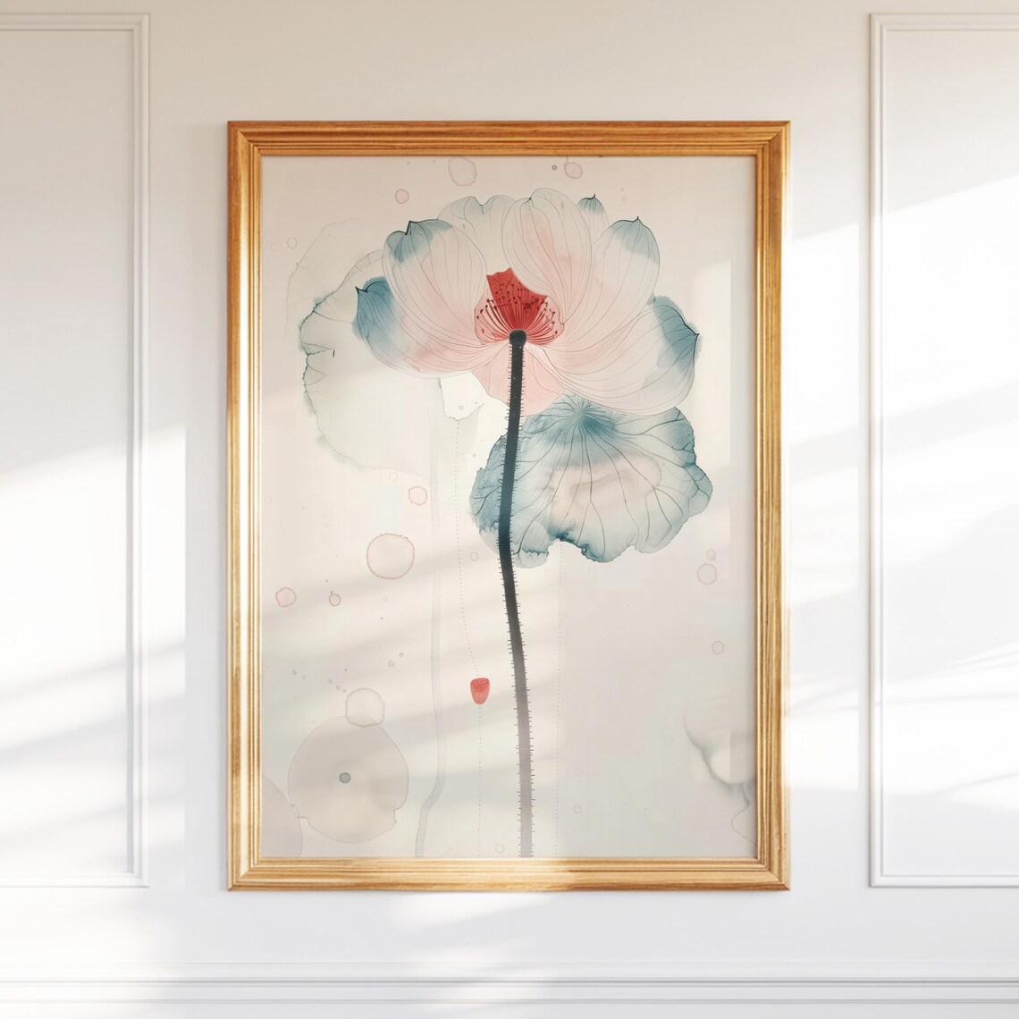 Delicate Pink and Teal Watercolor Flower Minimalist Lotus Zen Wall Art
