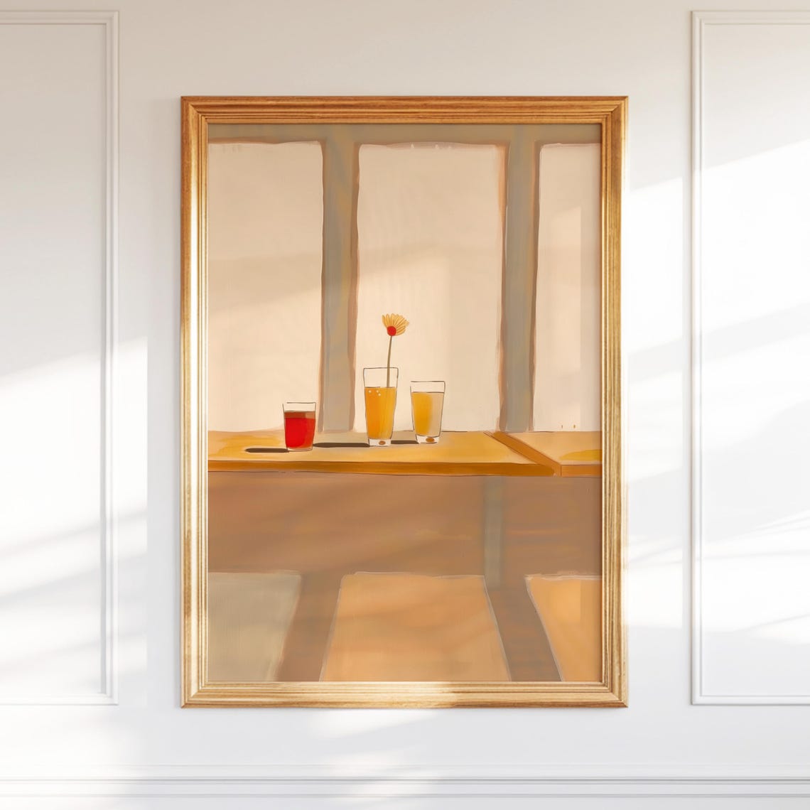 Warm Sunlit Still Life with Three Glasses and a Single Daisy Poster