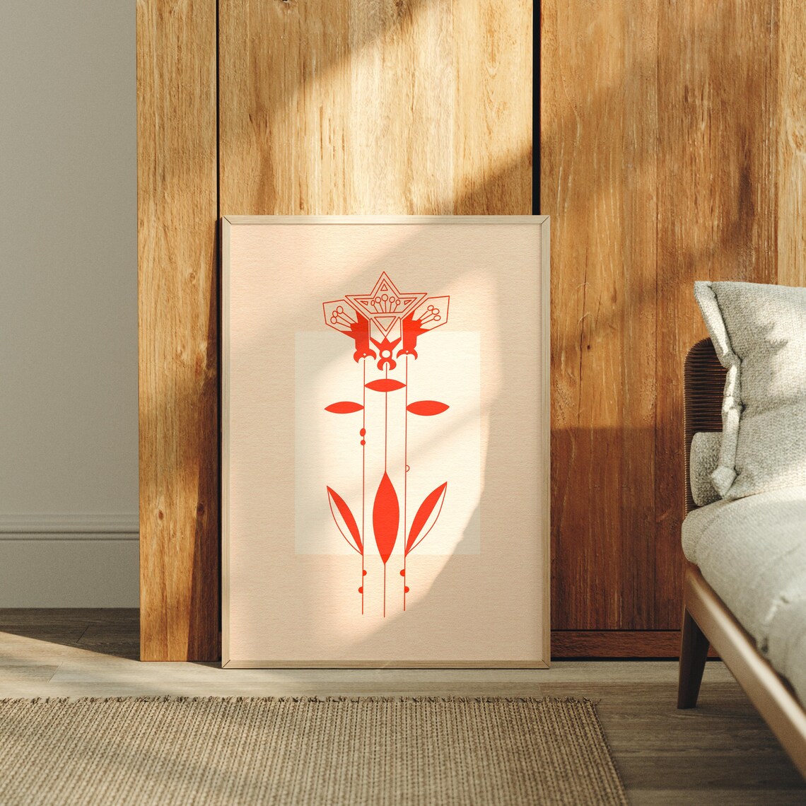 Red Geometric Floral Motif Folk Art Bold Modern Abstract Decor Poster