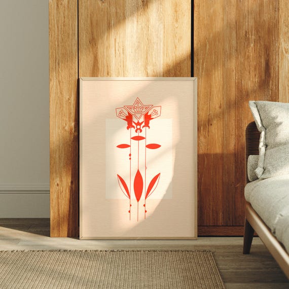 Red Floral Wall Art Abstract Minimal Print Folk Style Botanical Poster Modern Boho Decor Nature Inspired Design