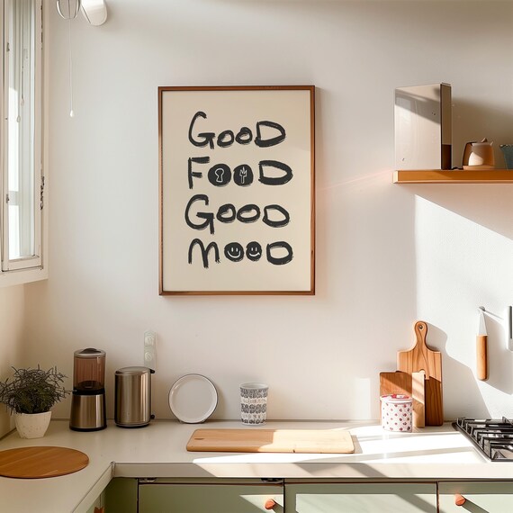 Good Food Good Mood Handwritten Kitchen Quote Poster Rustic Cafe Decor