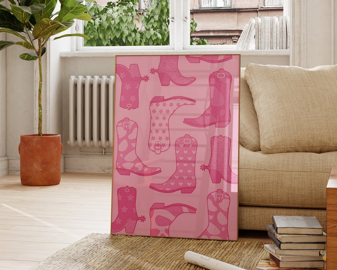 Pink Cowboy Boots Allover Stars Hearts Cow Spots Girly Poster - Image 2