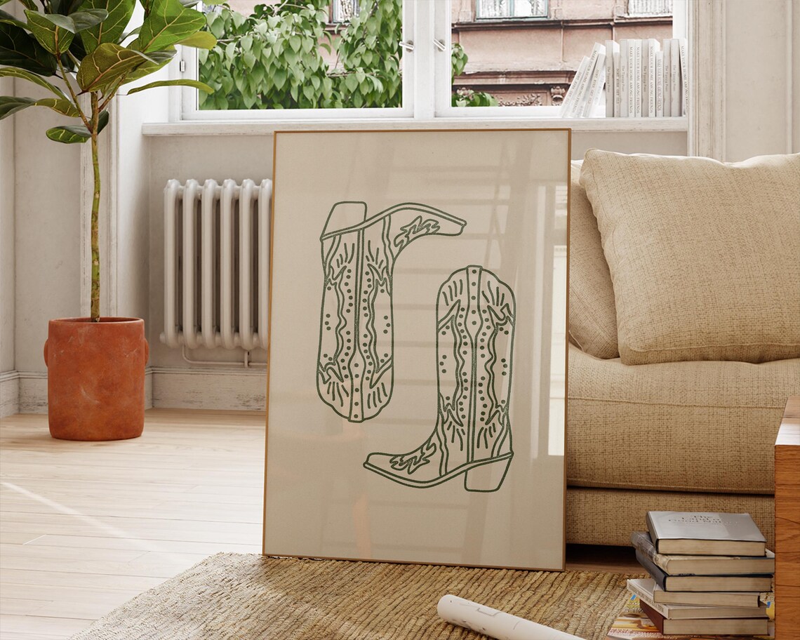 Olive Cowboy Boots, Minimalist Western Art Print