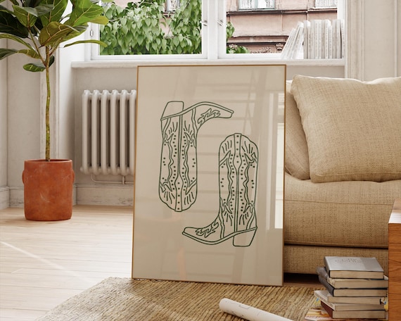 Olive Cowboy Boots, Minimalist Western Art Print