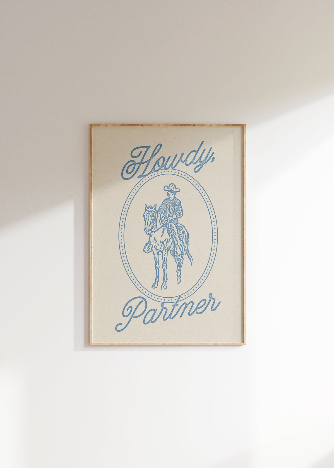 Howdy Partner Blue Script Cowboy Riding Horse Western Greeting Poster