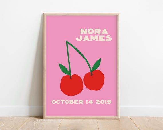 Custom Name Print Kids Wall Art Cherries Birthdate Poster Personalized Baby Gift Fun Toddler Playroom Pink Nursery Decor Fruit Theme