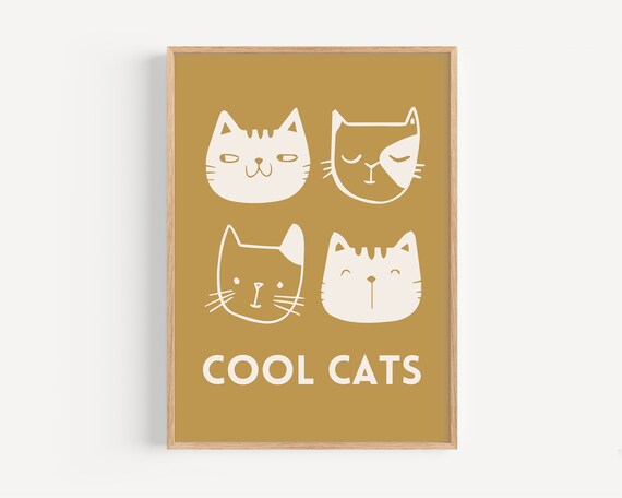 Cool Cats Four Funny Cat Faces Mustard Kids Room Wall Poster