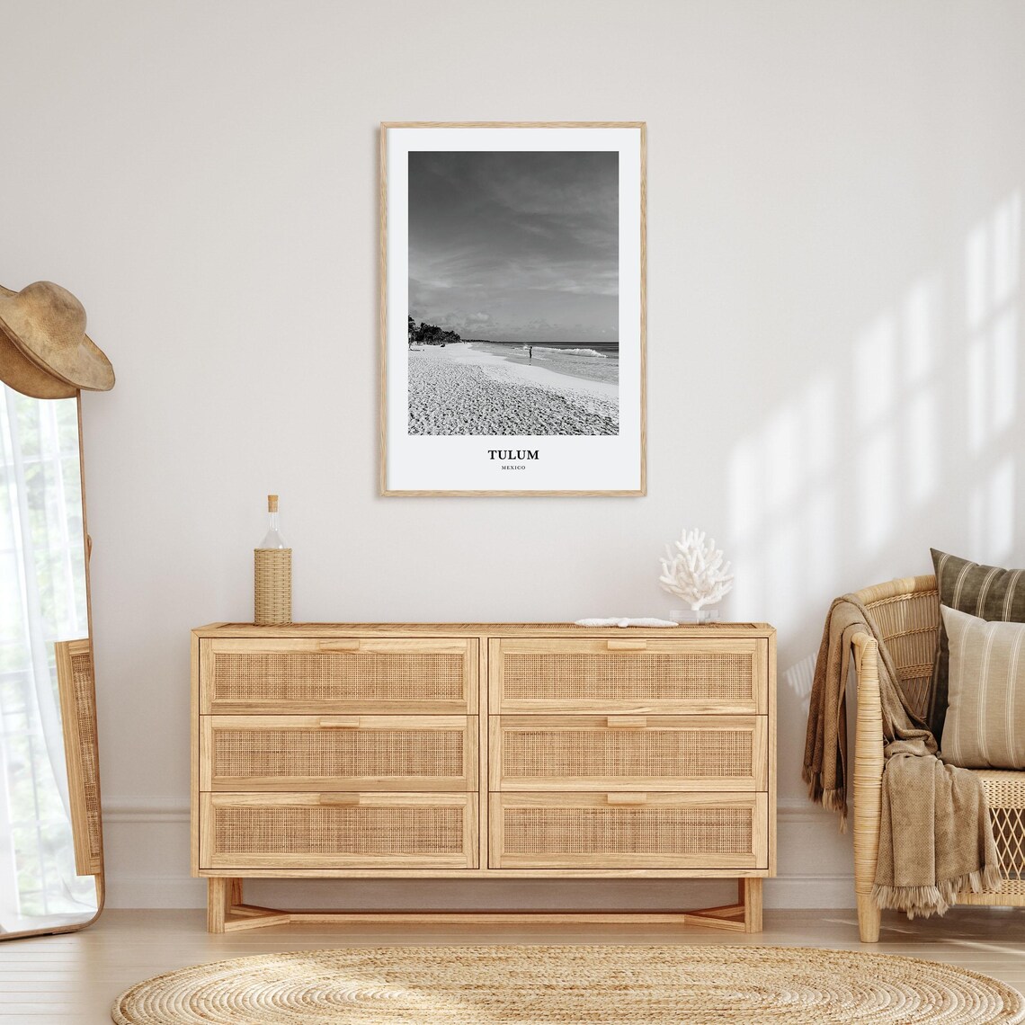 Tulum Mexico Quiet Beach Shoreline Black and White Photography Poster - Image 3