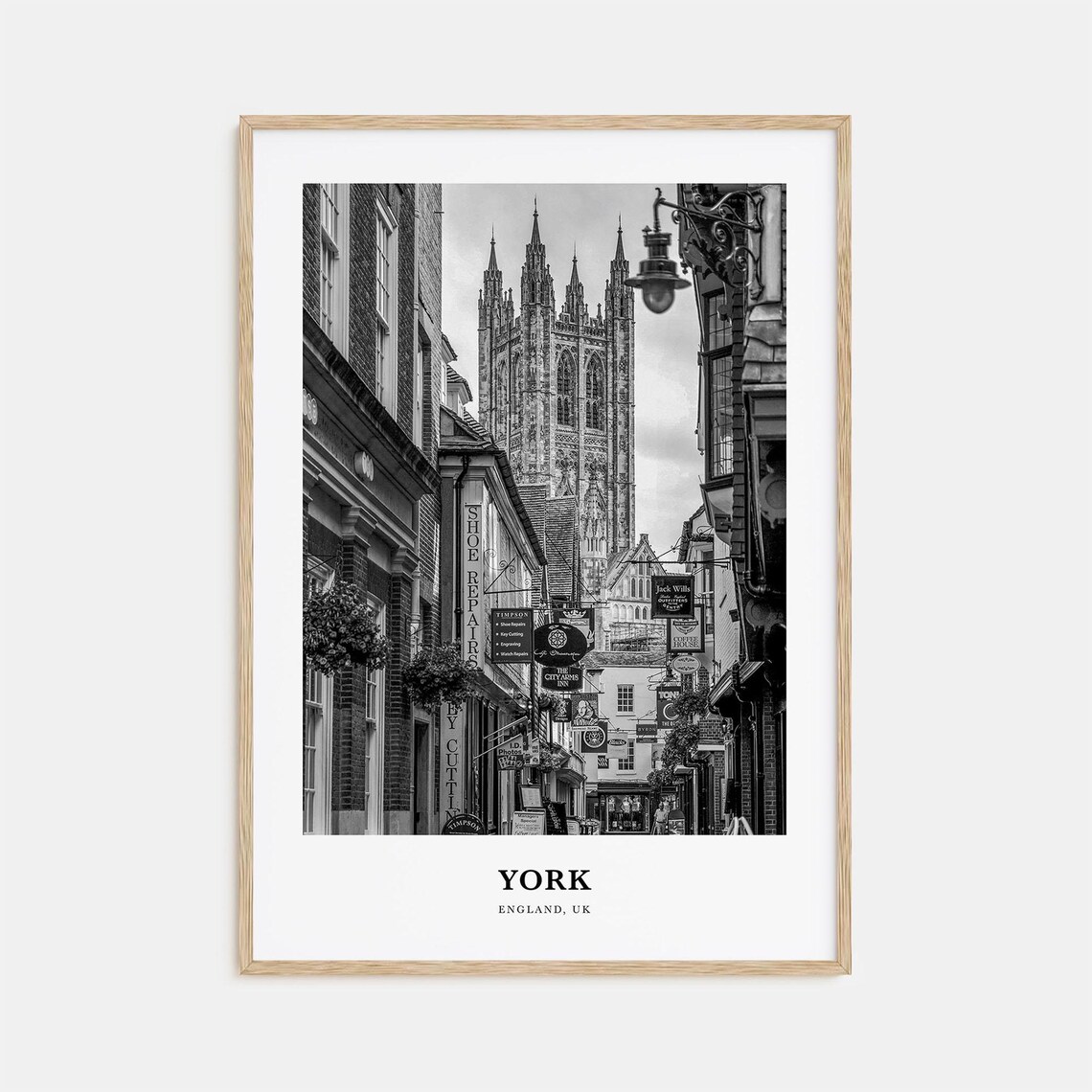 York England Historic Street York Minster Tower Black and White Poster