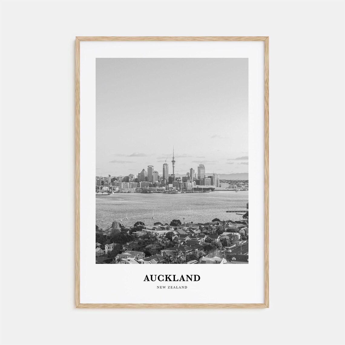 Auckland New Zealand Sky Tower Harbor View Black and White Poster