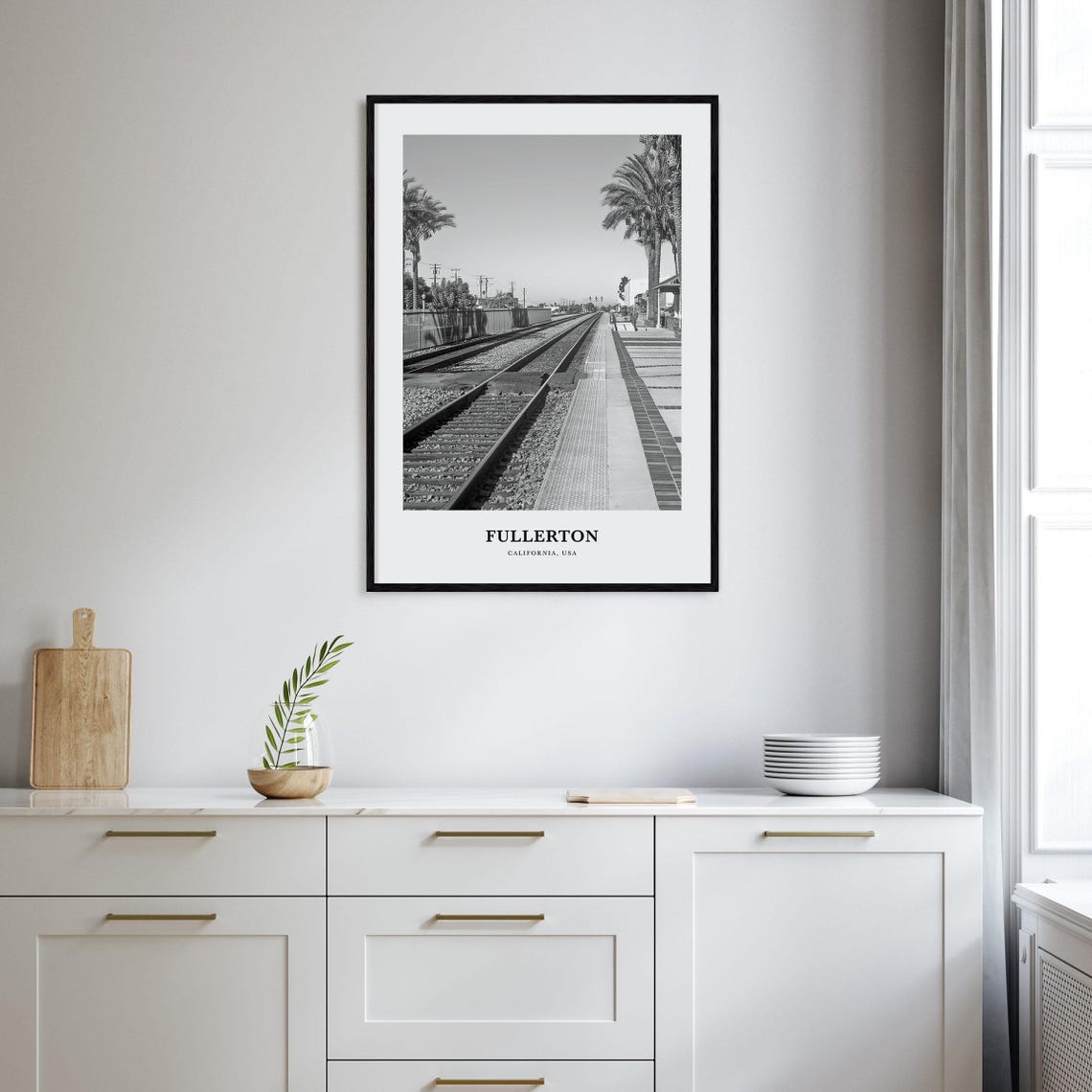 Fullerton Railway Tracks and Palms Black and White California Poster - Image 2