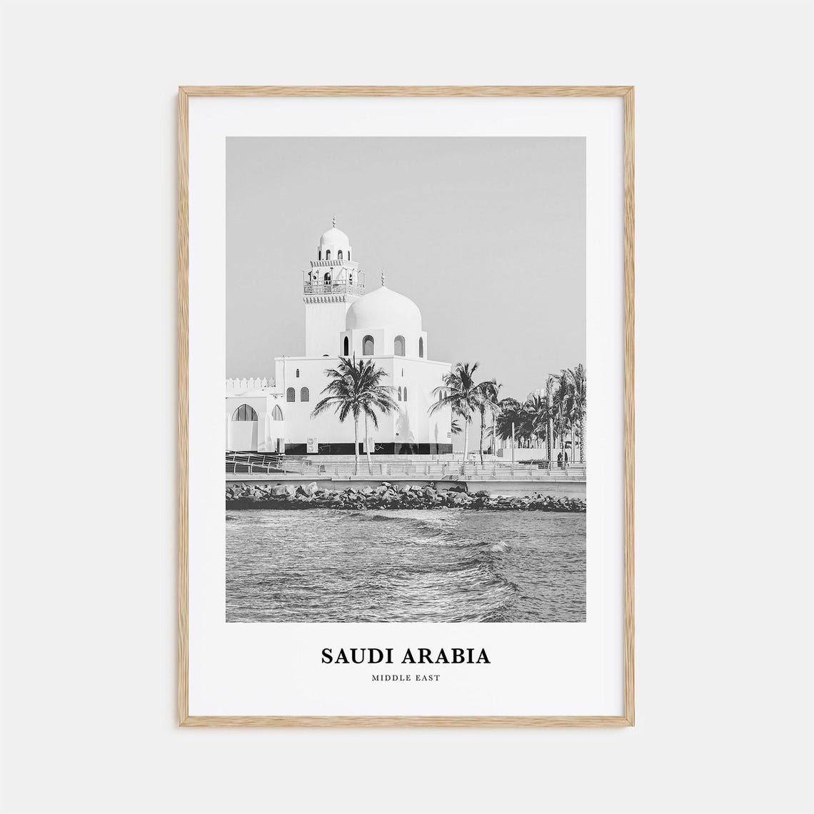 Saudi Arabia Waterfront Mosque Palms Black White Islamic Photo Poster