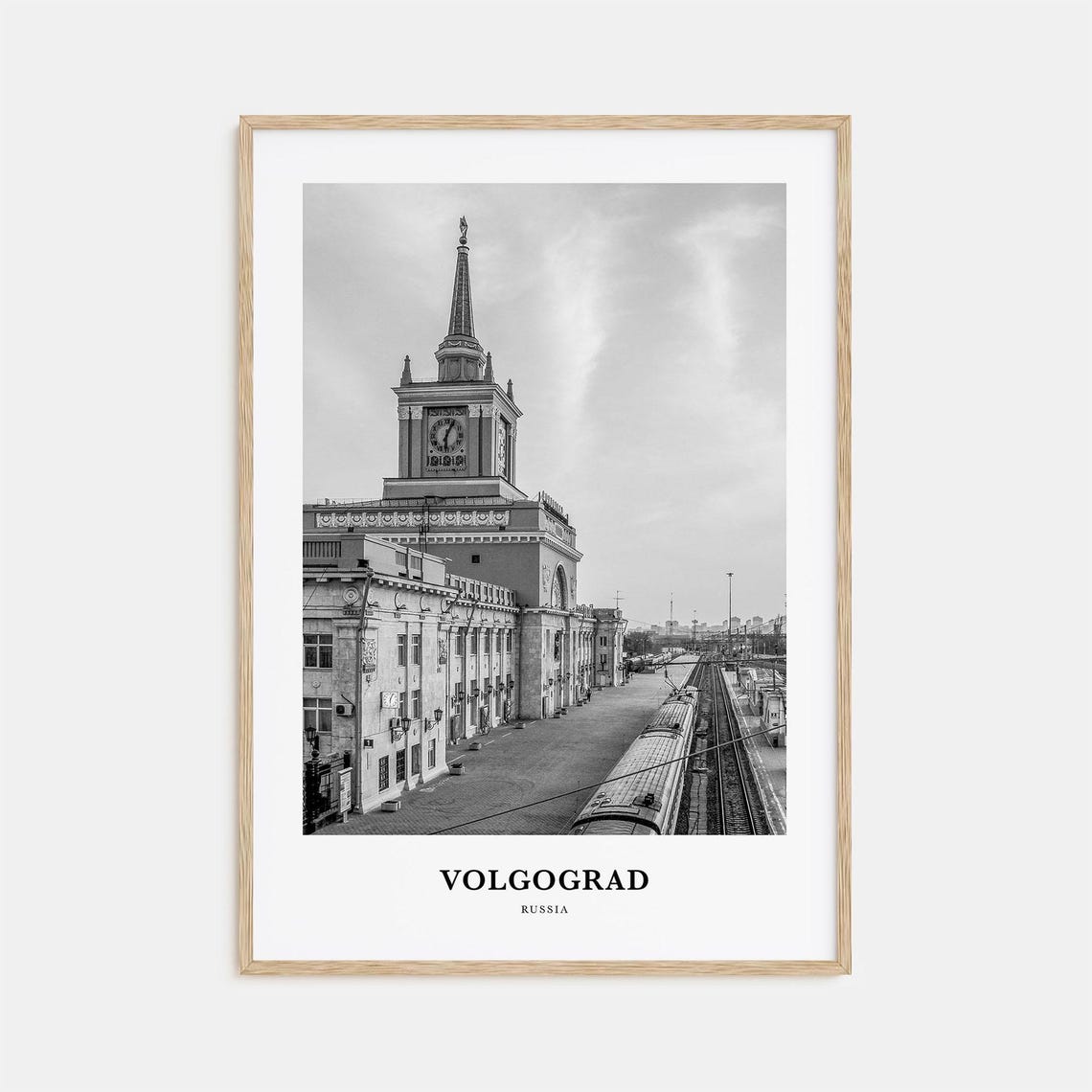 Volgograd Russia Railway Station Clock Tower Black White Poster