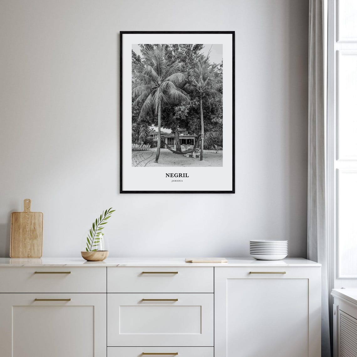 Negril Jamaica Hammock Palm Trees Black and White Beach Poster - Image 2