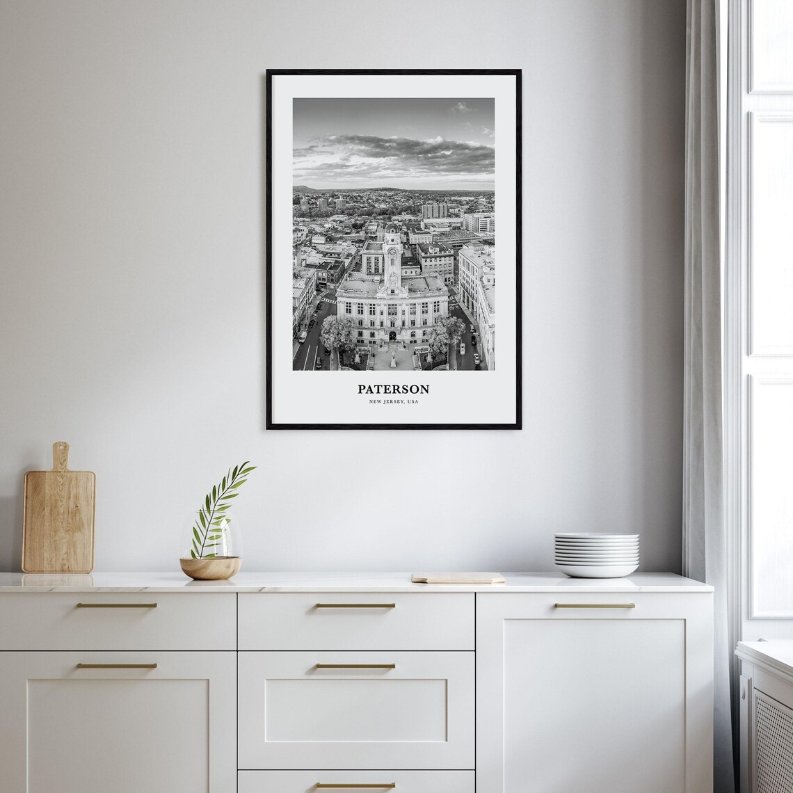 Paterson New Jersey City Hall and Downtown Aerial Black White Poster - Image 2