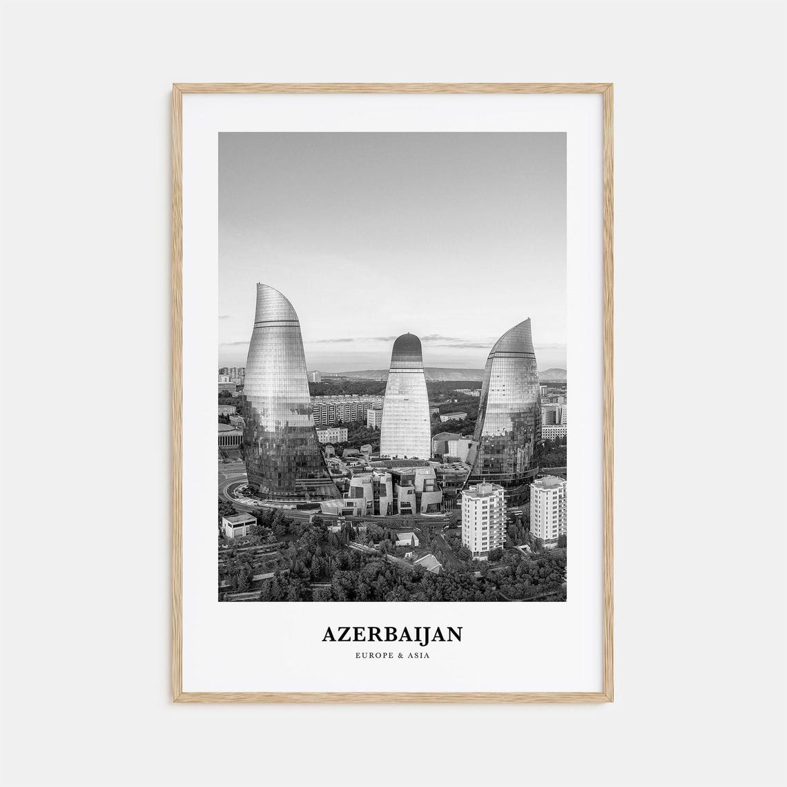 Azerbaijan Baku Flame Towers Modern Skyline Black and White Poster