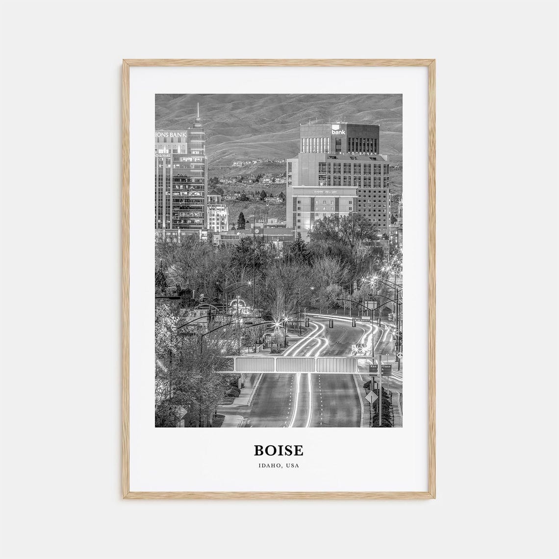 Boise Downtown Night with City Light Trails Idaho USA Travel Poster