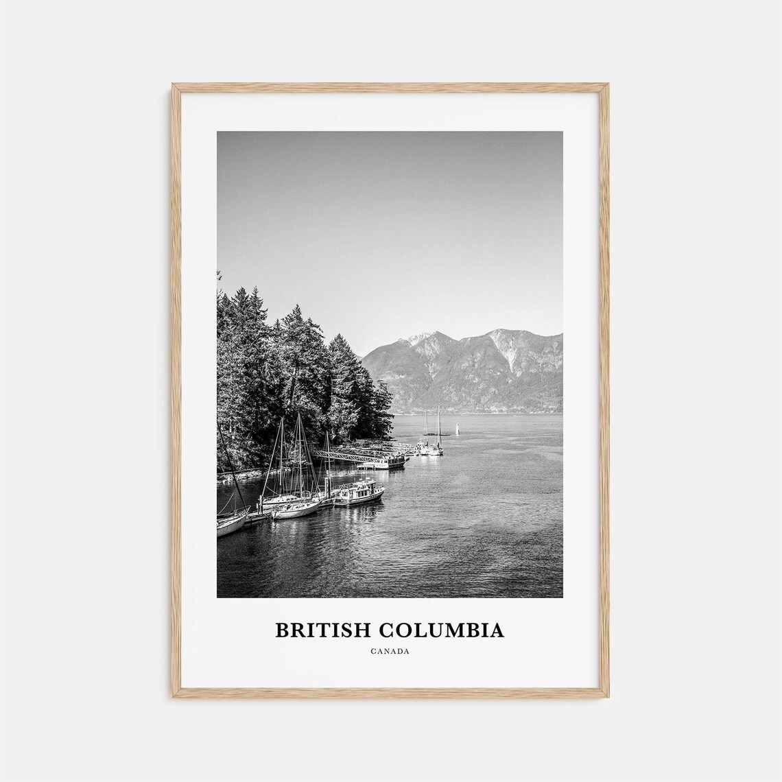 British Columbia Marina Sailboats Mountain View Black and White Poster