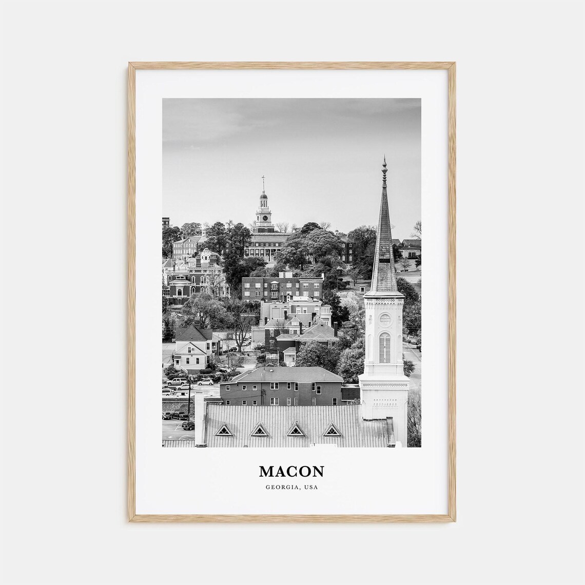 Macon Georgia Historic Downtown Skyline Black and White Travel Poster