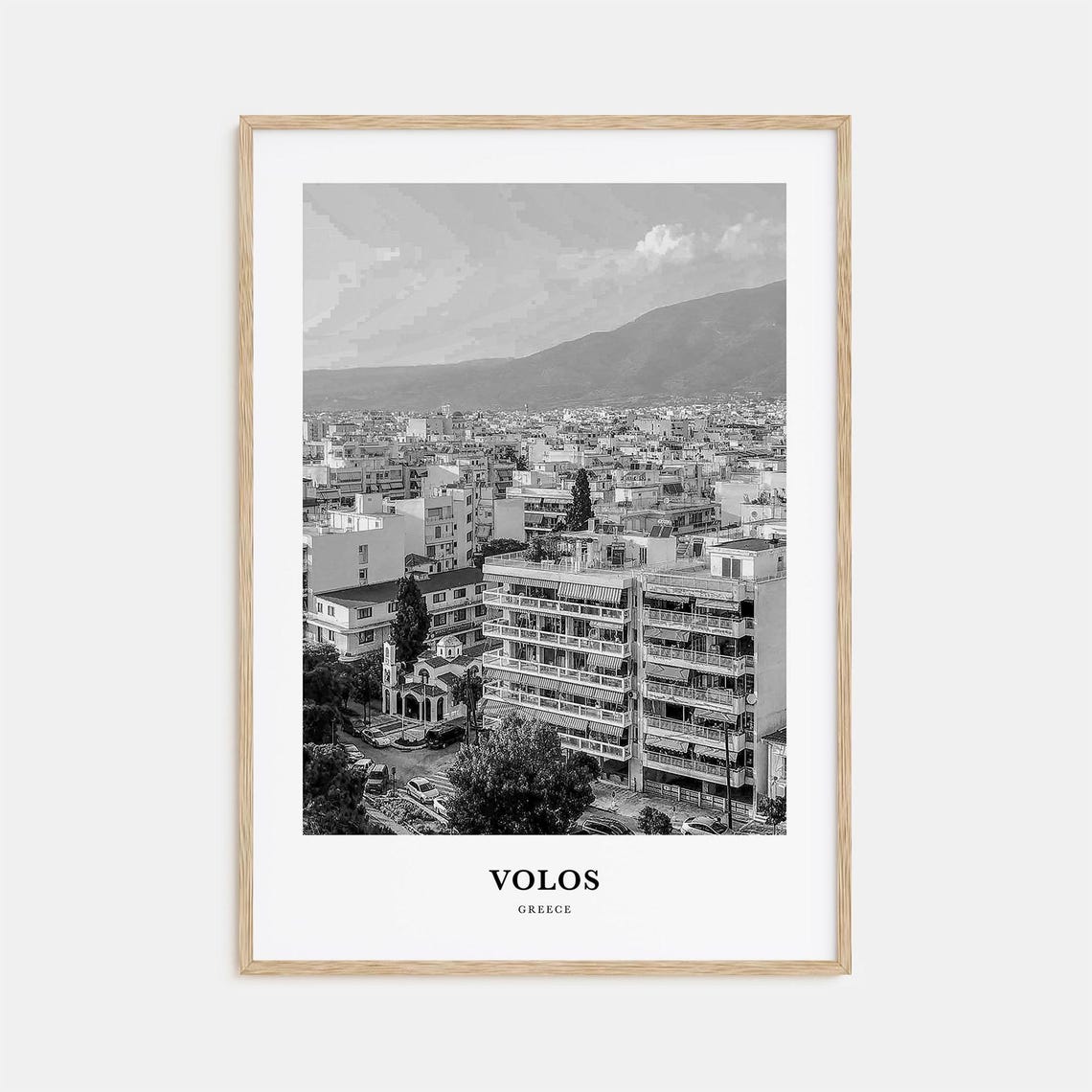 Volos Greece City View With Church And Mountains Black White Poster