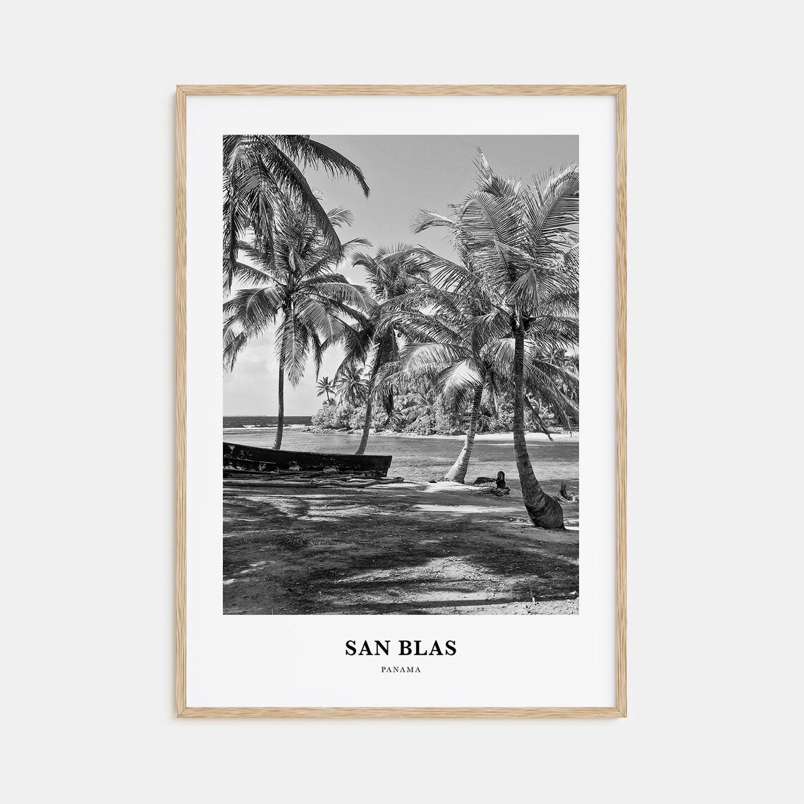 San Blas Panama Palm Trees Beach Boat Black and White Photo Poster