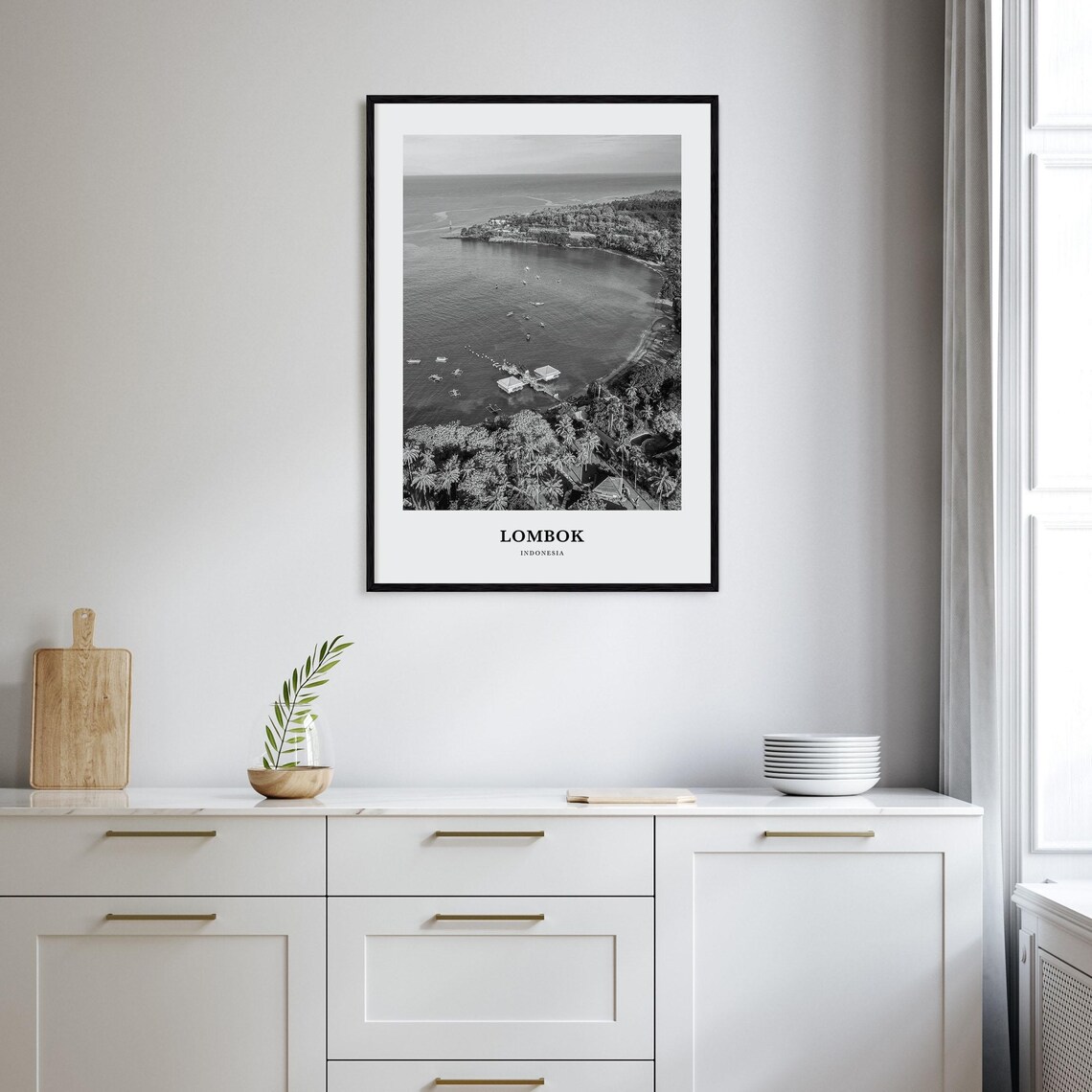 Lombok Indonesia Tropical Bay Aerial Black White Beach Poster - Image 2