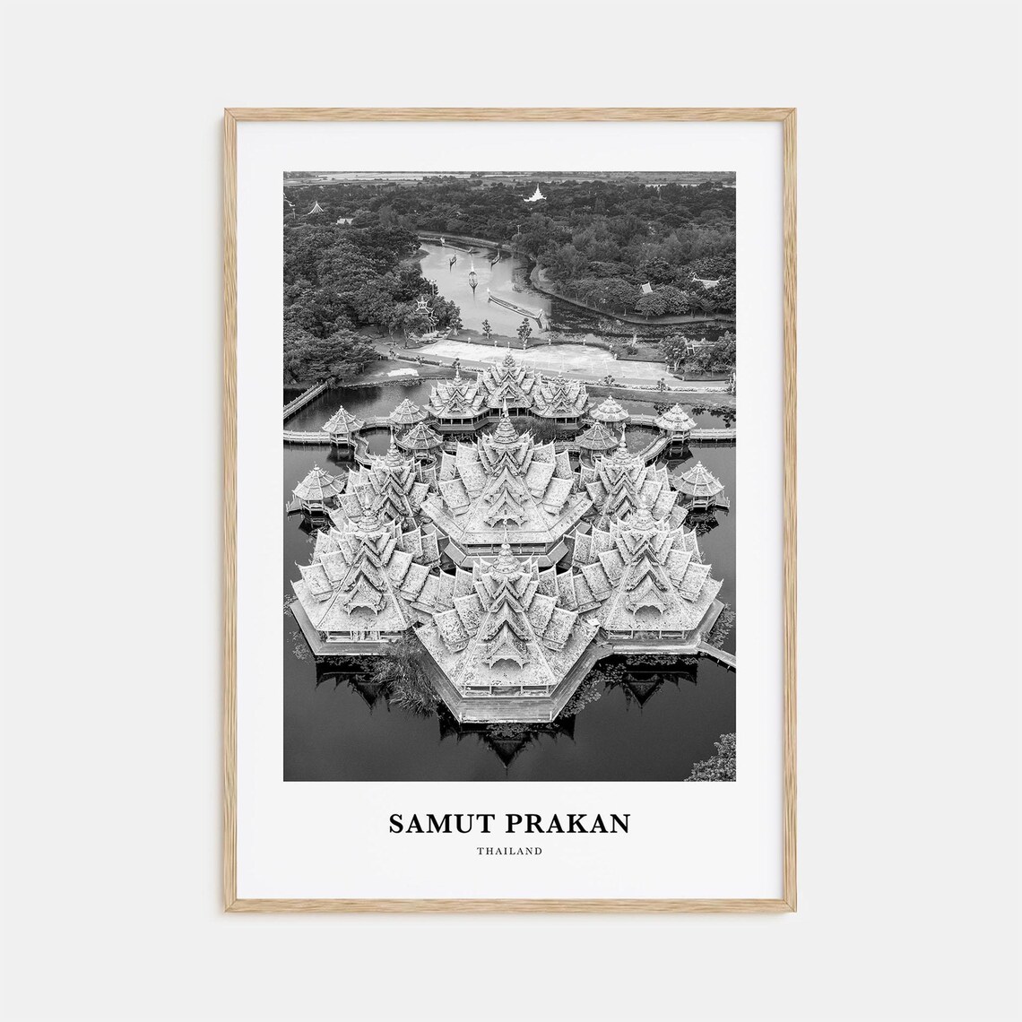 Samut Prakan Thailand Water Temple Aerial Black and White Photo Poster