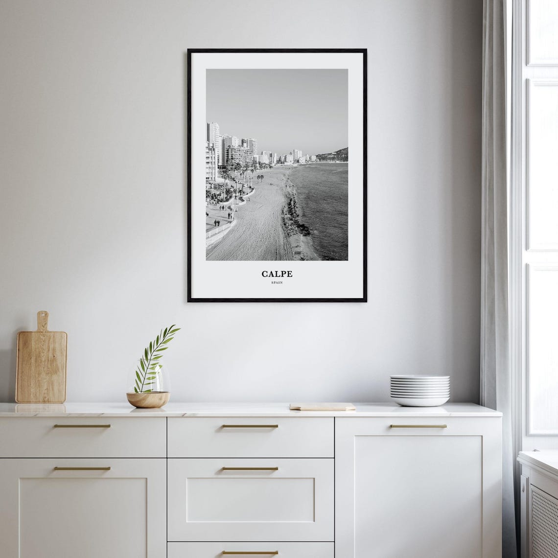 Calpe Spain Beachfront Promenade Coastline Monochrome Poster - Image 2