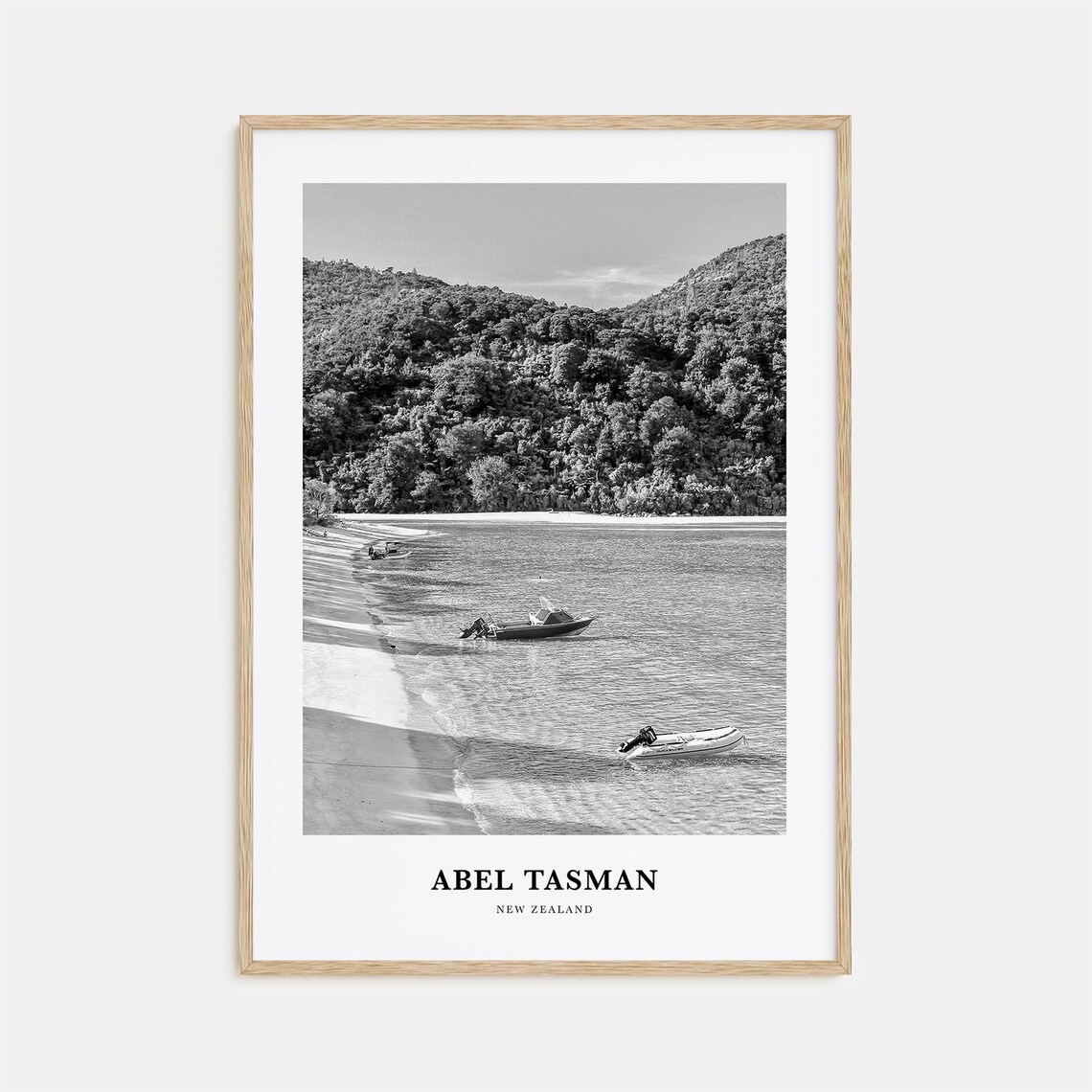 Abel Tasman New Zealand Beach Boats Black and White Travel Poster