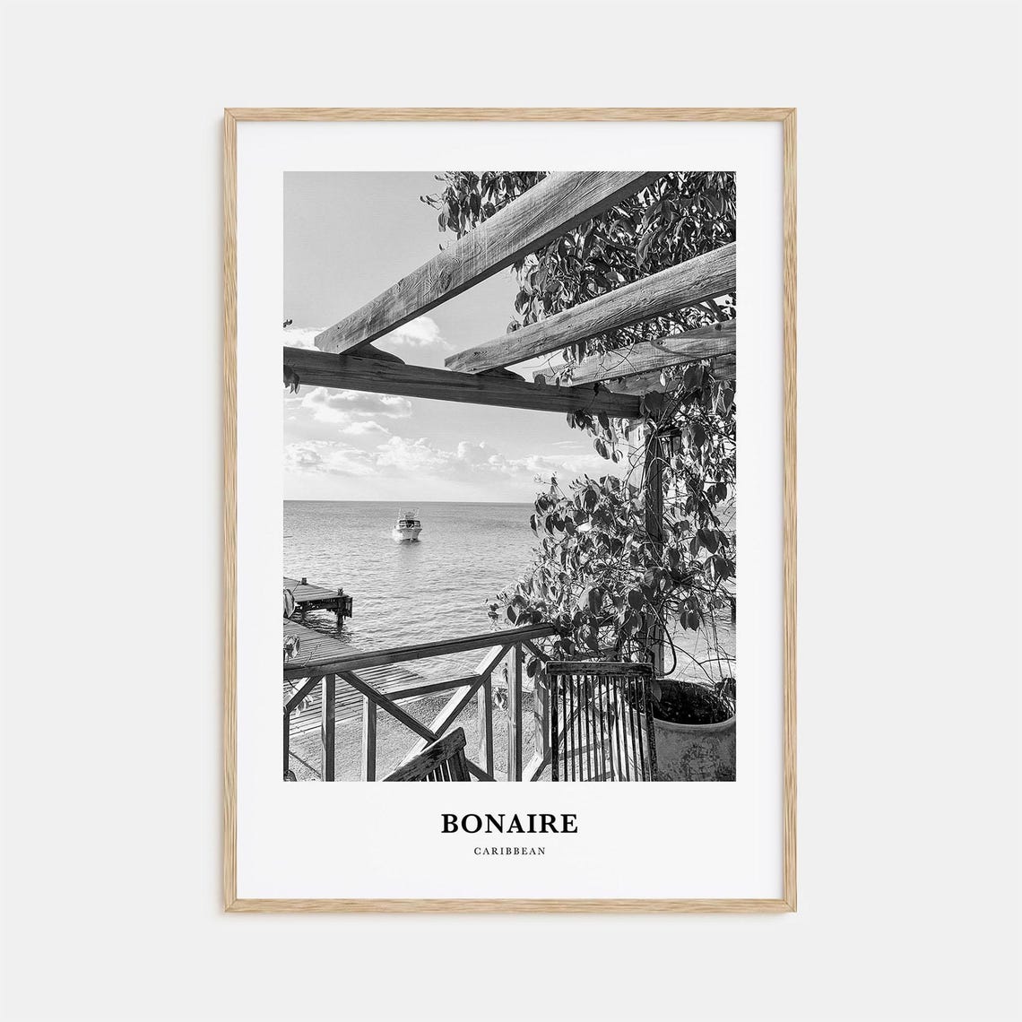 Bonaire Caribbean Waterfront Deck Boat View Black and White Poster
