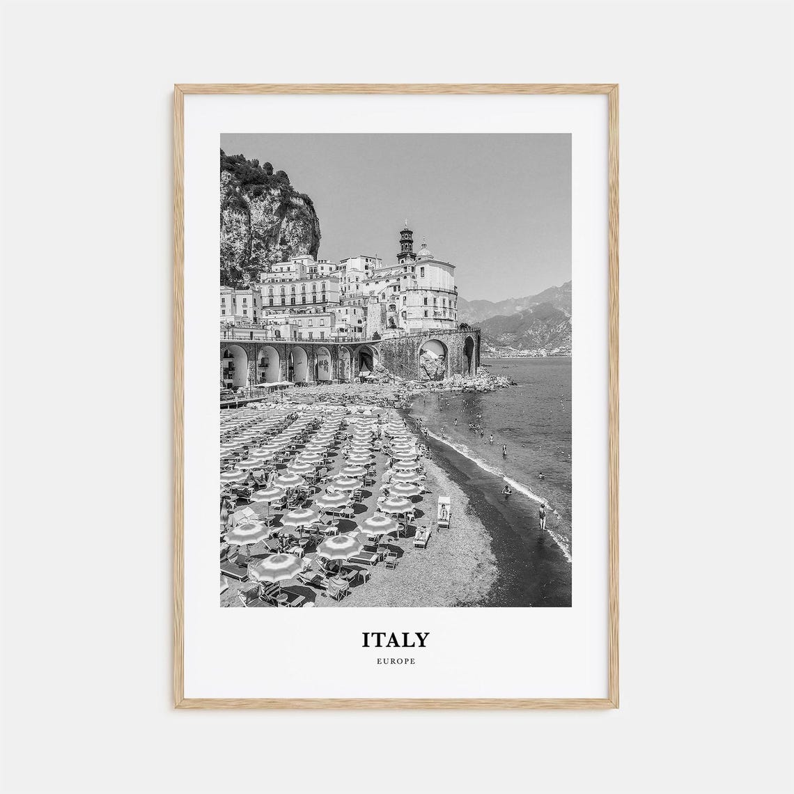Italy Beach Umbrellas Cliffside Coast Black and White Poster