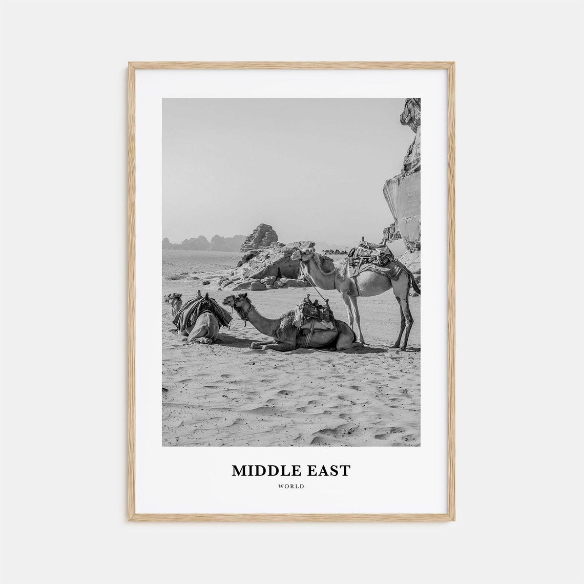 Middle East Desert Caravan Camels Resting Black White Art Print