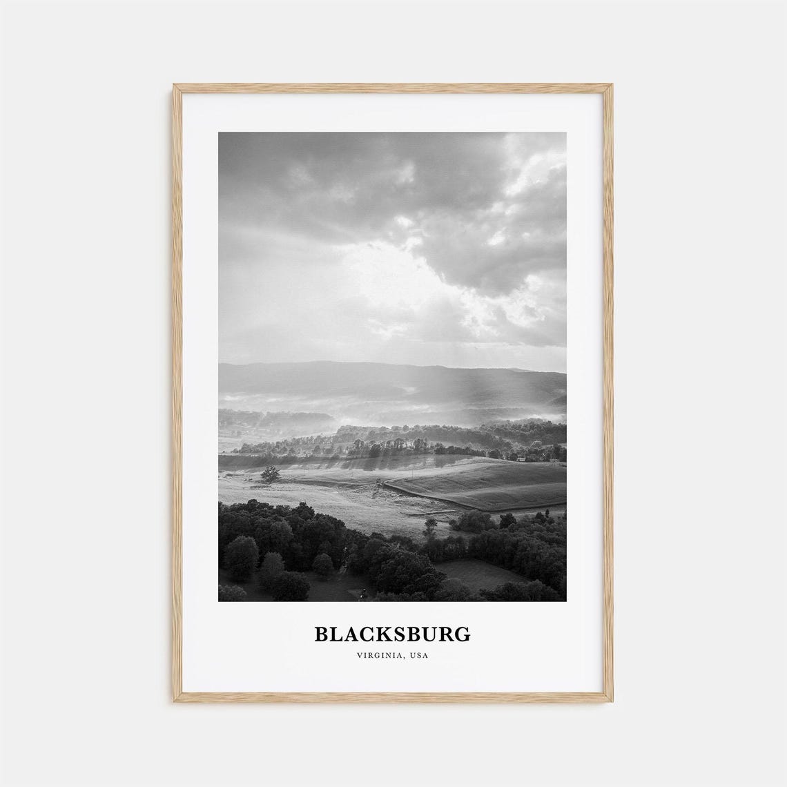 Blacksburg Virginia Misty Valley Sunrise Black and White Poster
