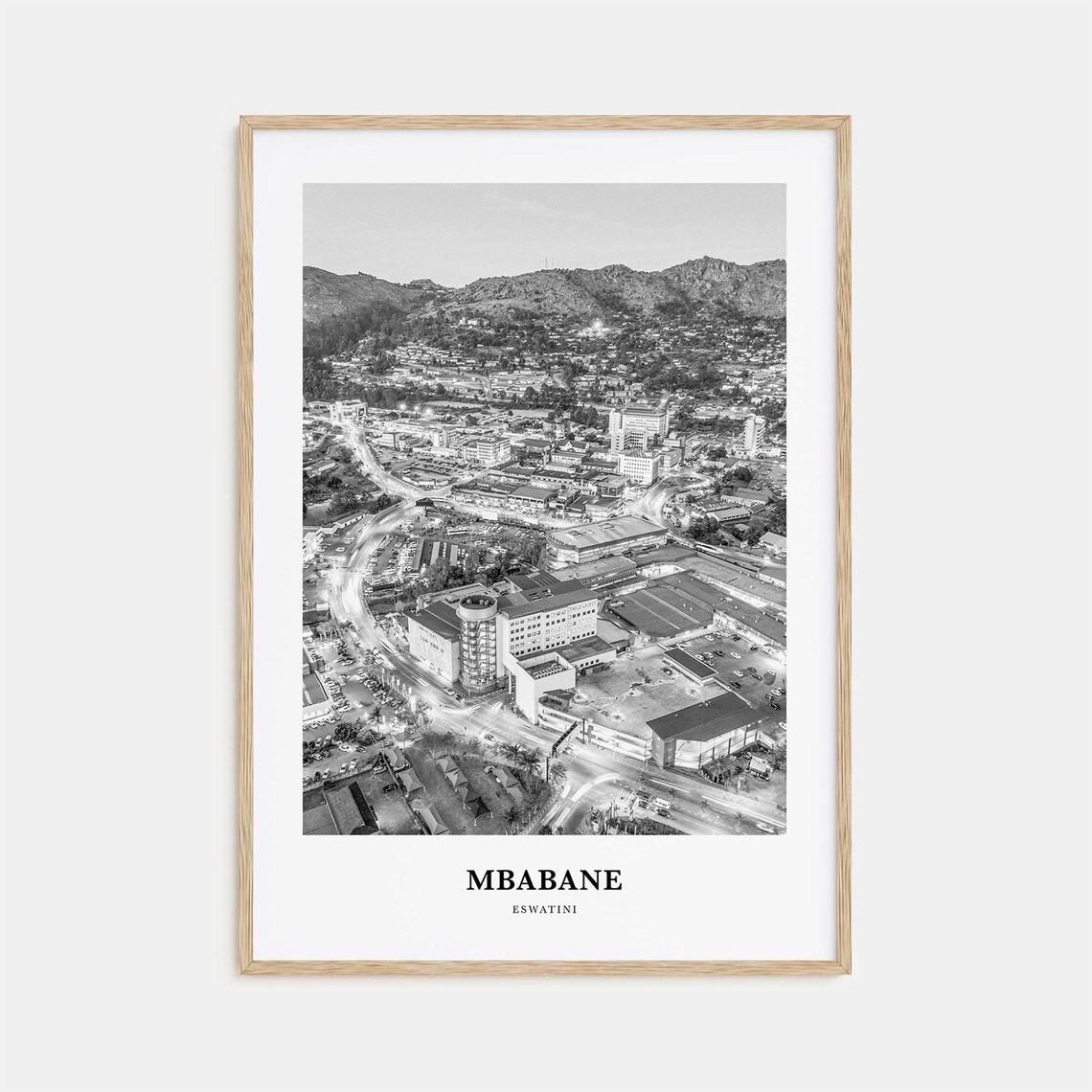 Mbabane Eswatini Night City Lights Aerial Black White Photo Poster