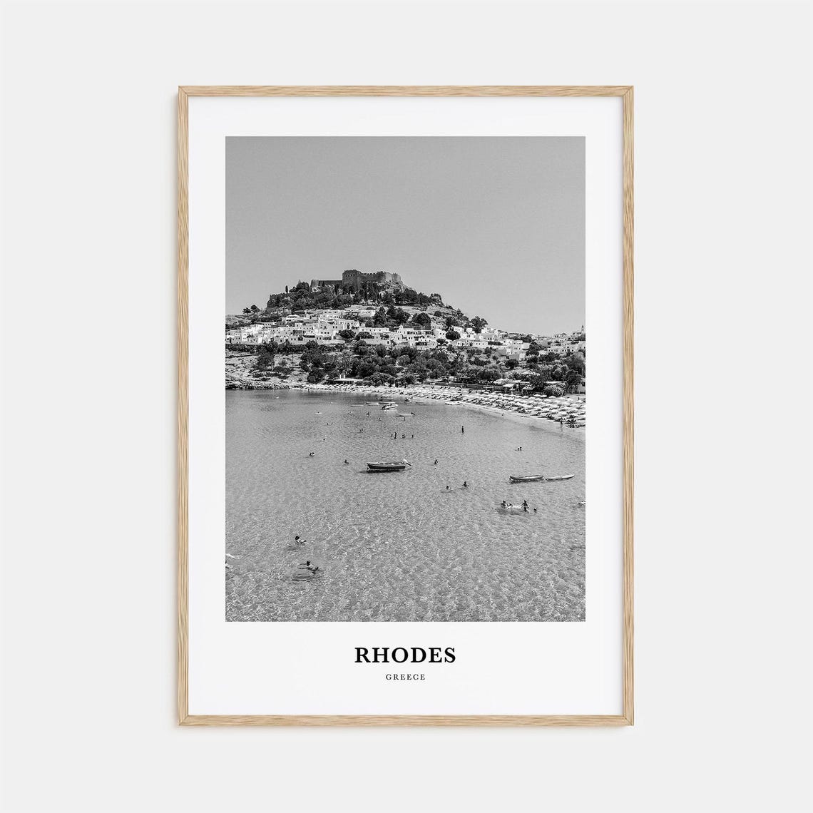 Rhodes Greece Lindos Acropolis Beach Black White Photo Poster