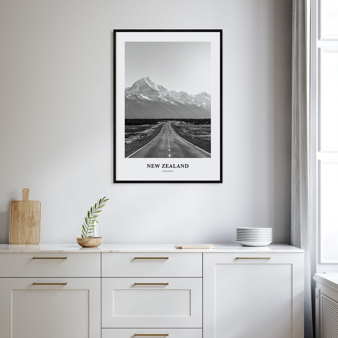 New Zealand Mountain Road Black and White Landscape Travel Poster - Image 2