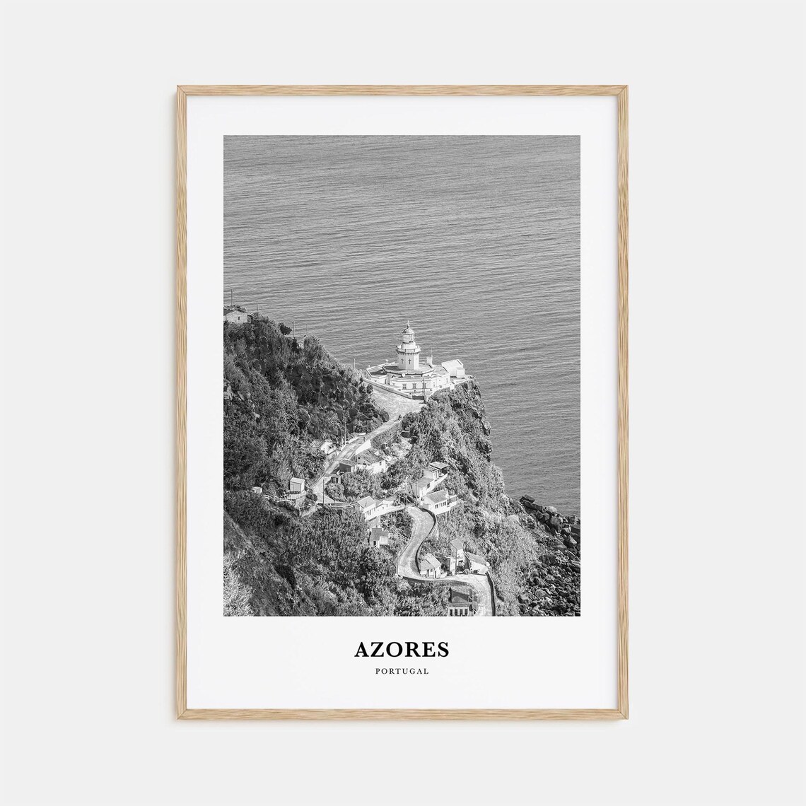 Azores Portugal Lighthouse Rocky Headland Black and White Poster