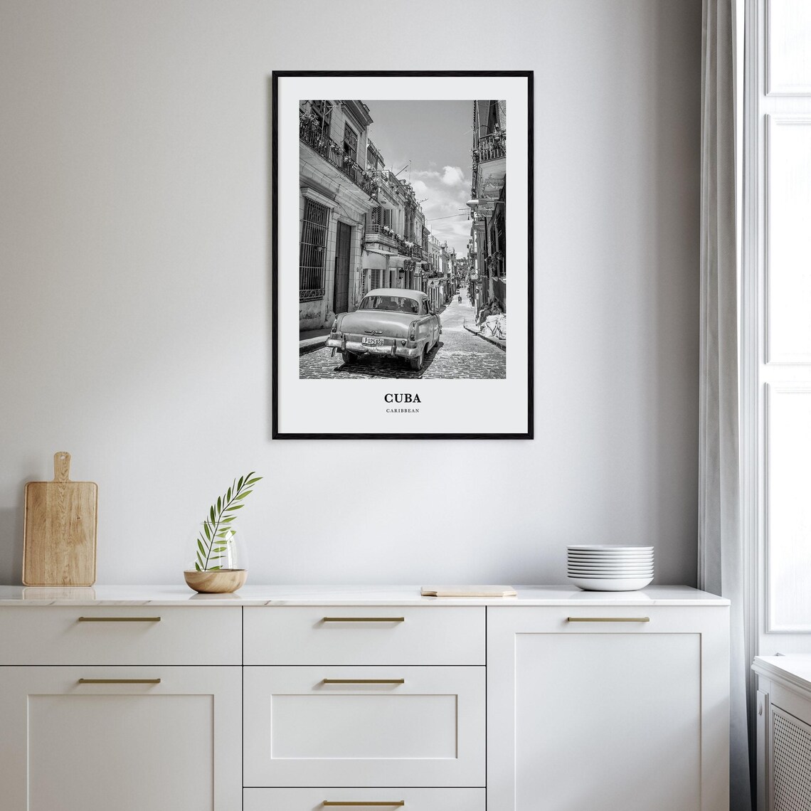 Cuba Vintage Car Cobblestone Street Black and White Photography Poster - Image 2