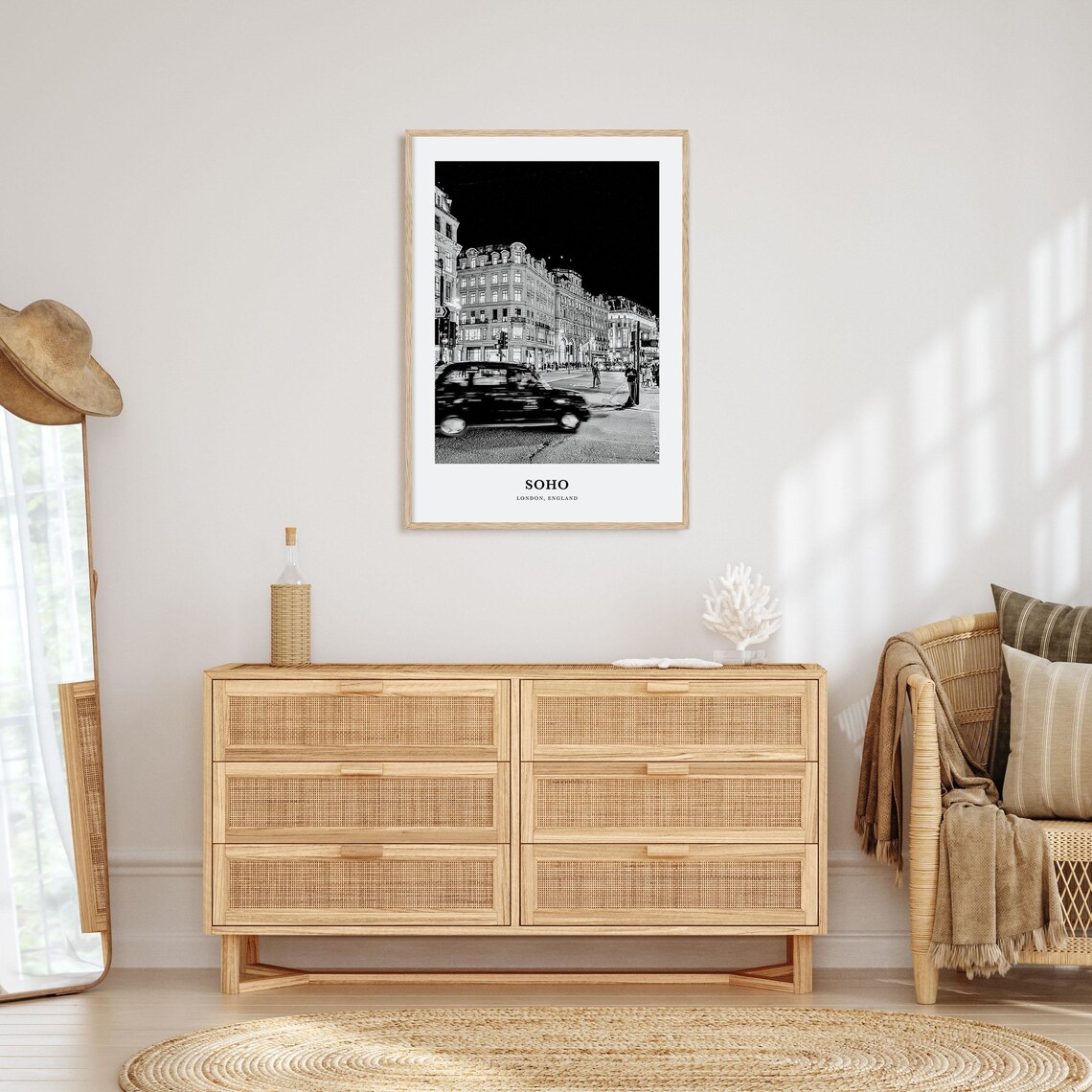 Soho London Night Street Black Taxi Black and White Photo Poster - Image 3