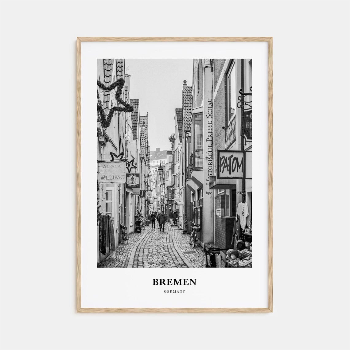Bremen Old Town Cobblestone Street Shops Black and White Poster